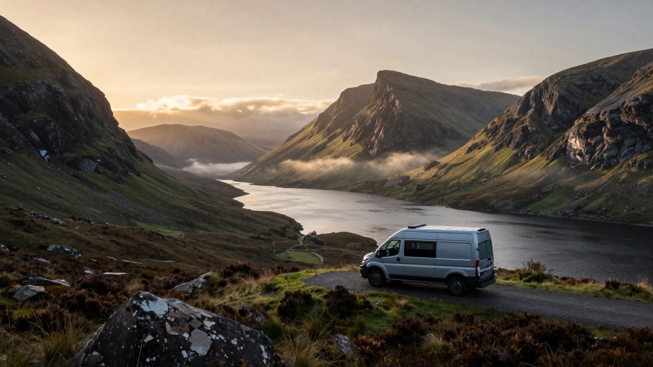 Campervan overlooking misty Scottish Highlands mountains