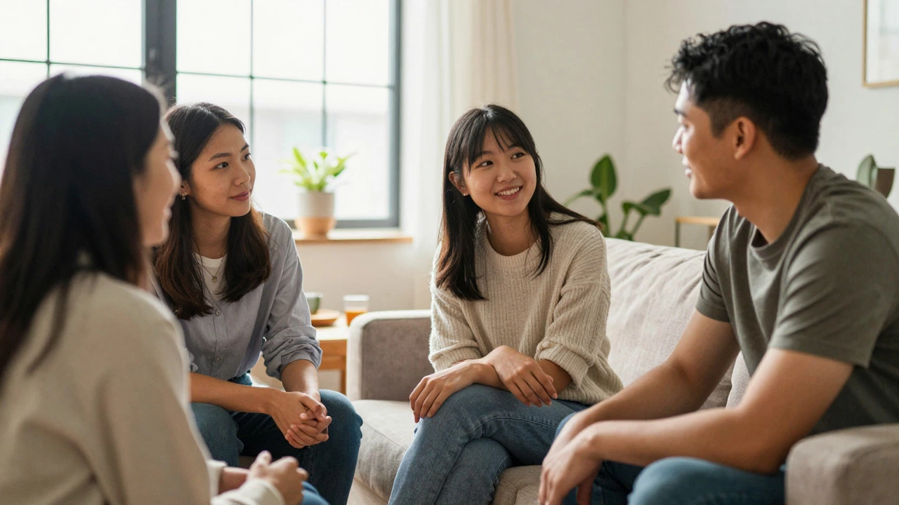 Friends sharing a supportive conversation in a sunny room