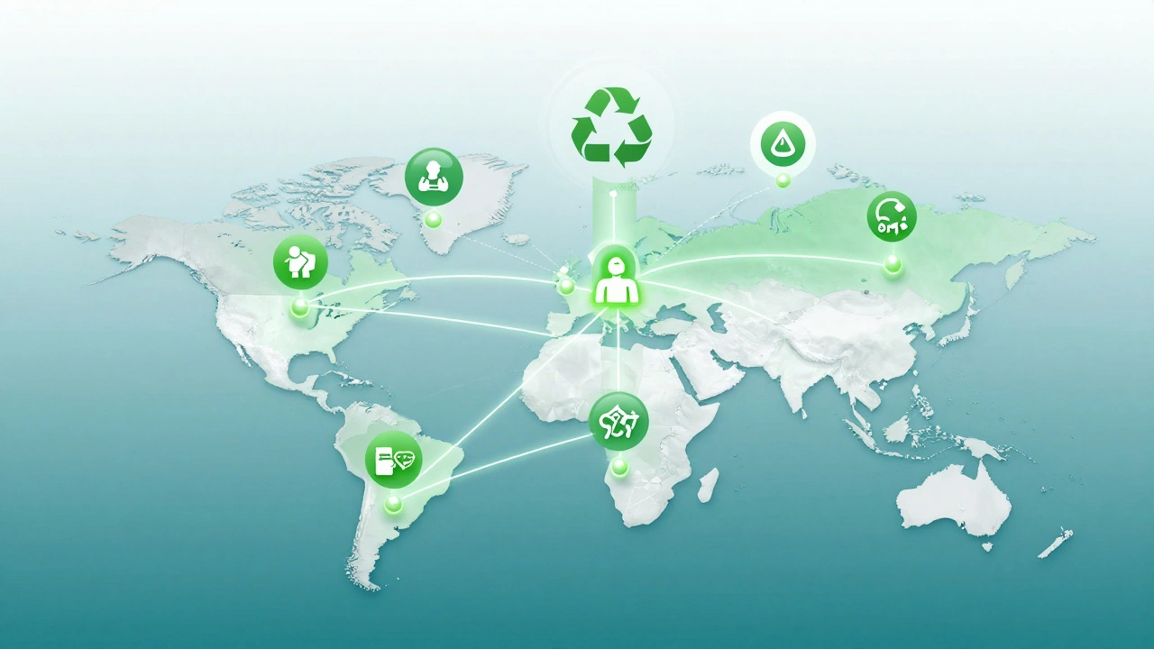 Futuristic map showing UK sustainable supply chains and recycling