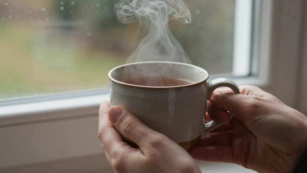 Hand holding a steaming mug of tea by a rainy window