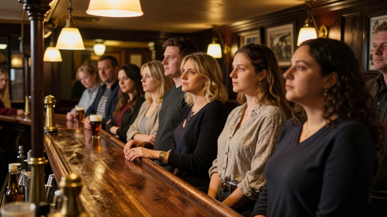 People standing in an orderly queue at a traditional British pub bar