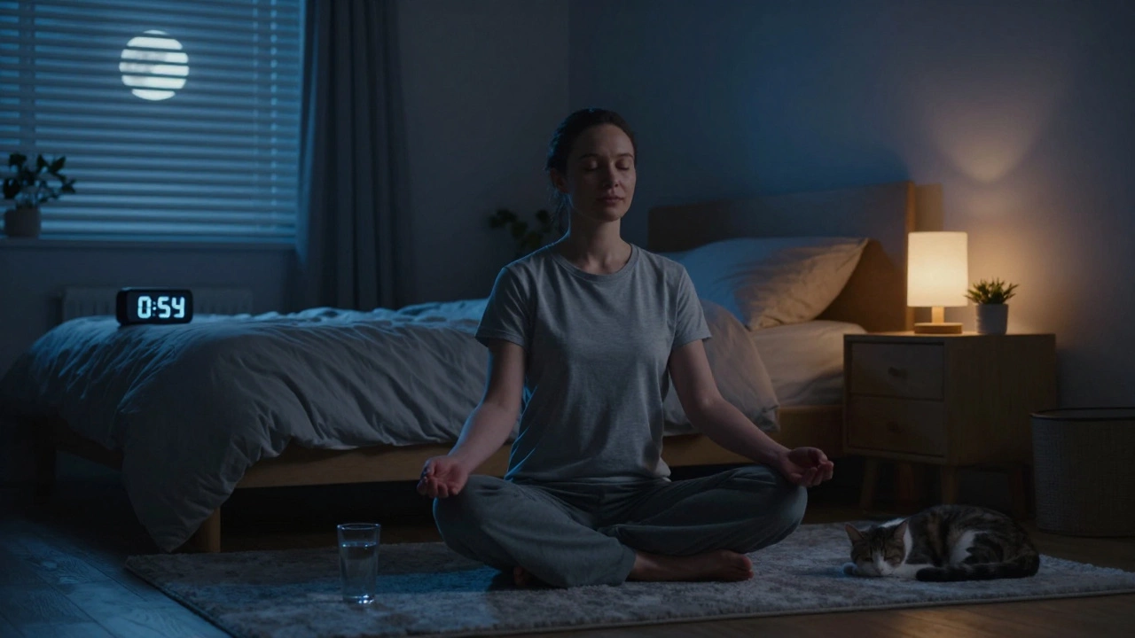 Person meditating in a dark, quiet bedroom for better sleep