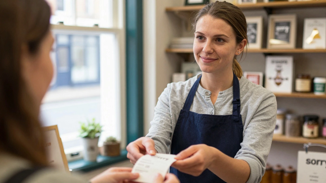 Polite British shop assistant smiling warmly during a transaction