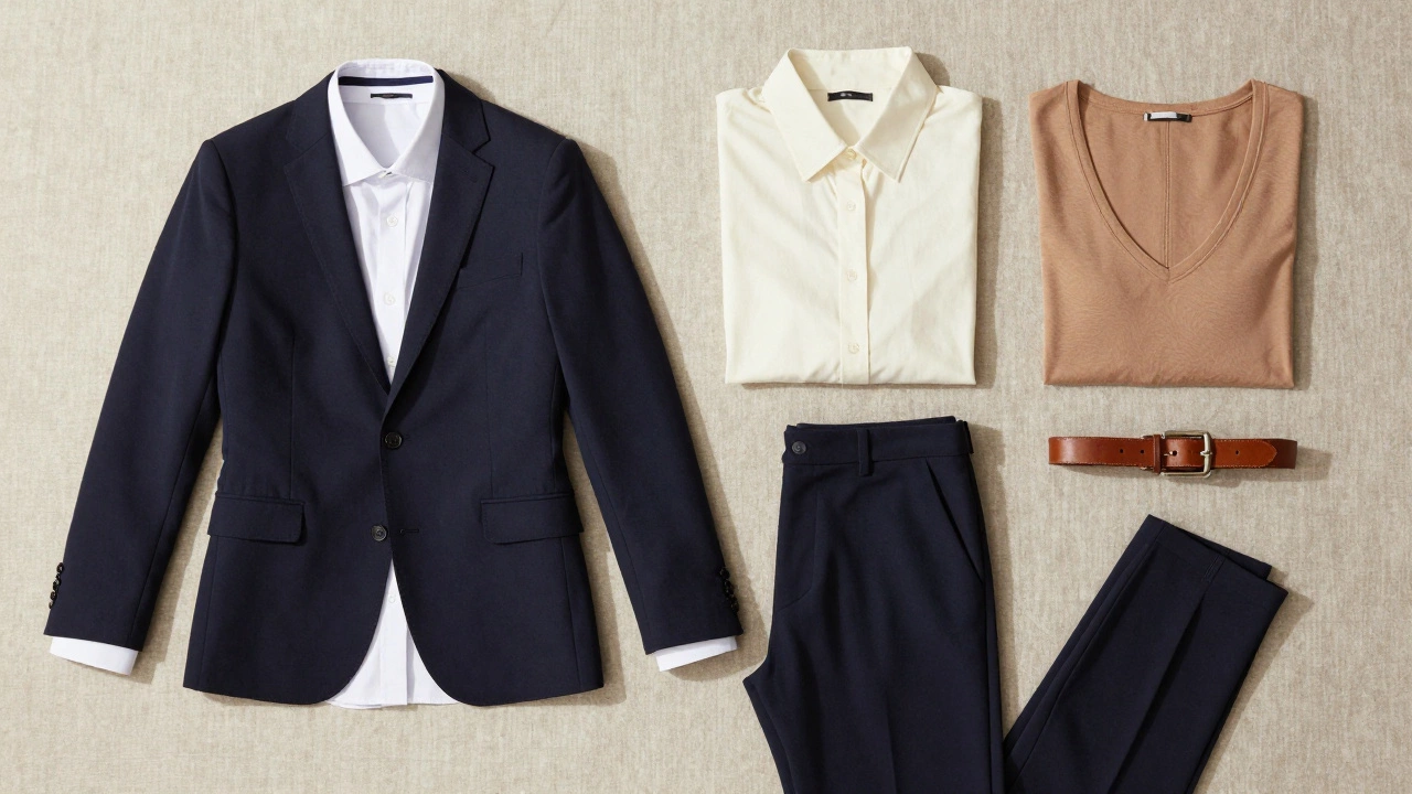 Stylish clothing flat lay with blazer and trousers