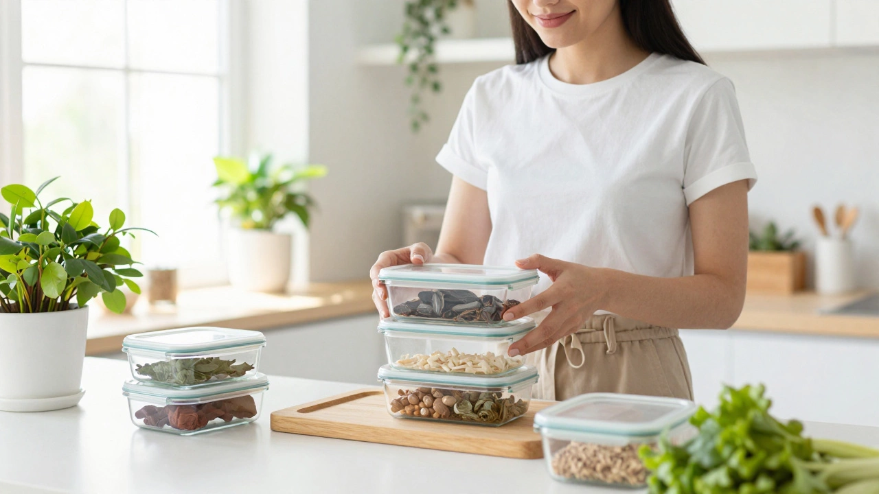 Woman using reusable containers in bright sustainable kitchen