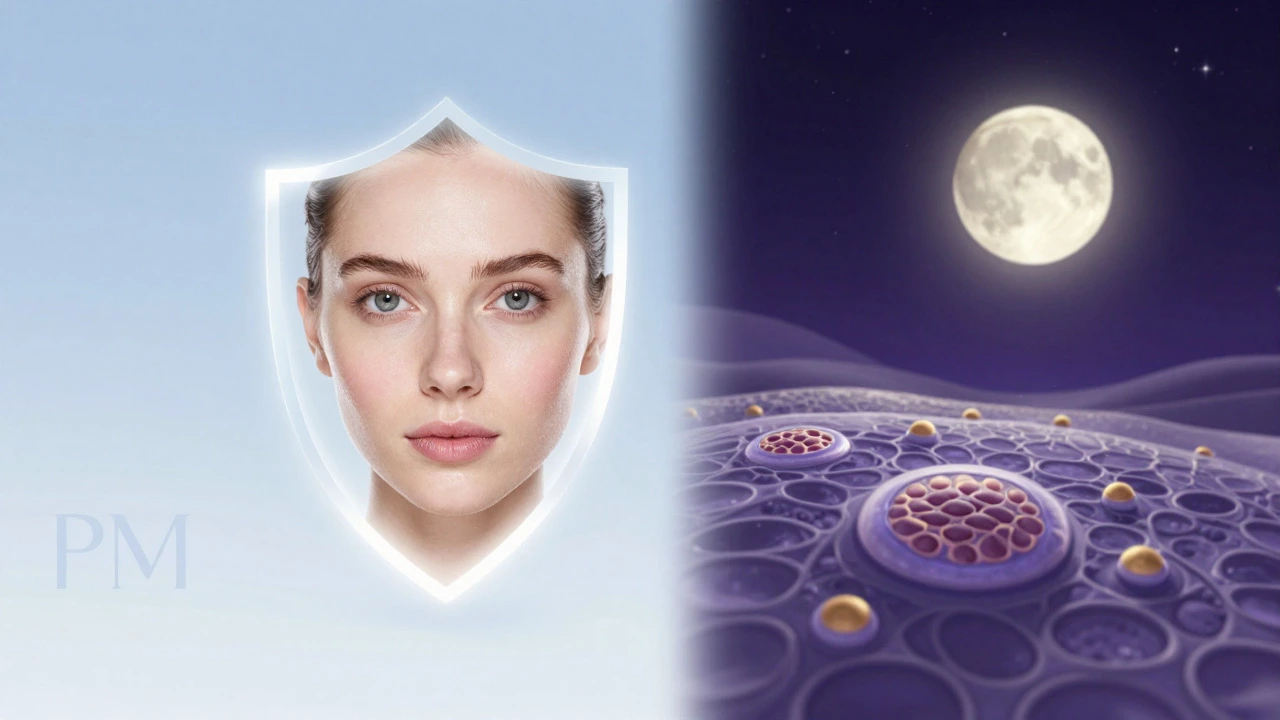 Abstract split image showing day protection and night repair for skin