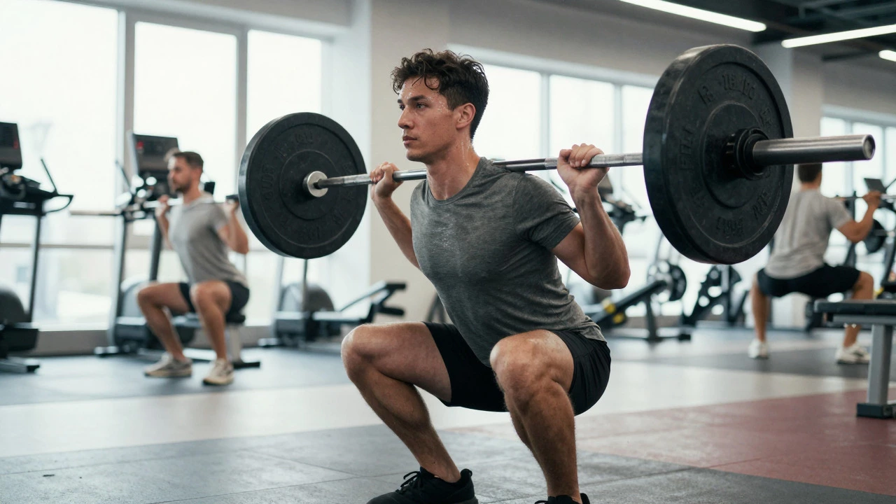 Athlete performing a heavy squat in a bright, modern gym setting