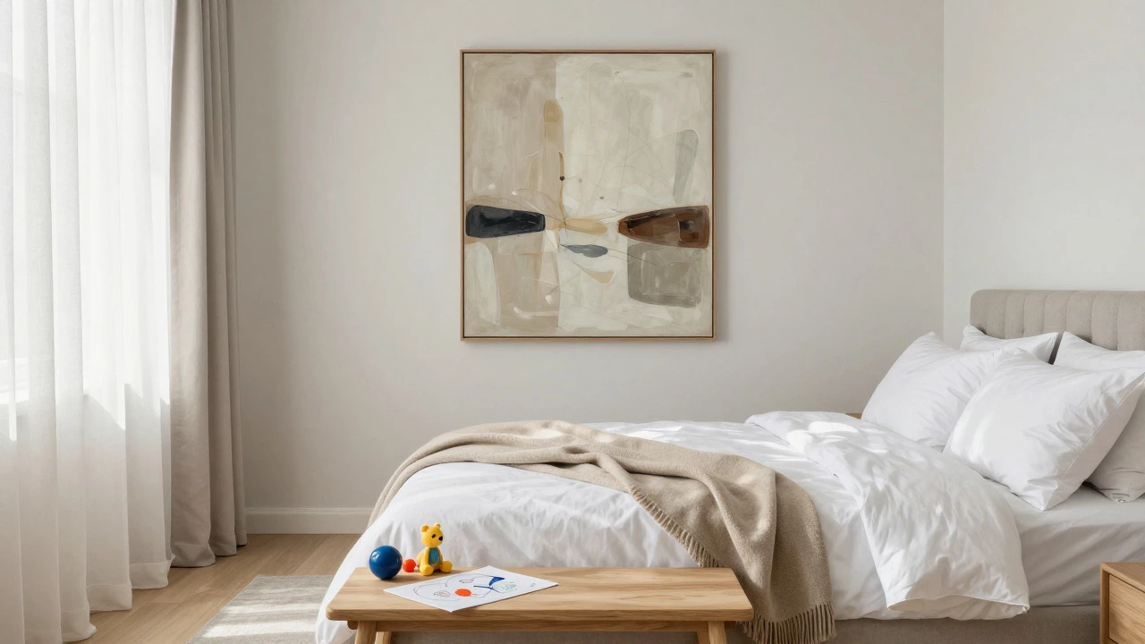 Bright minimalist bedroom with neutral bedding and one large abstract painting