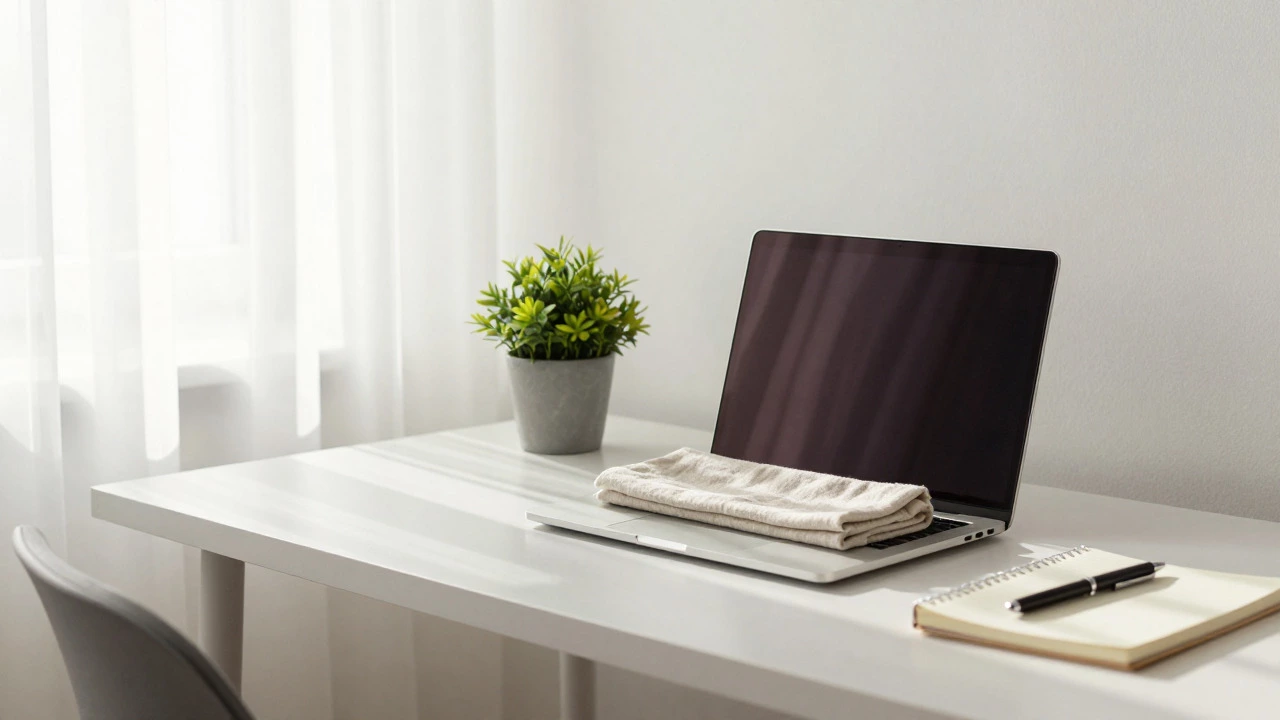 Closed laptop and journal on desk signaling end of workday