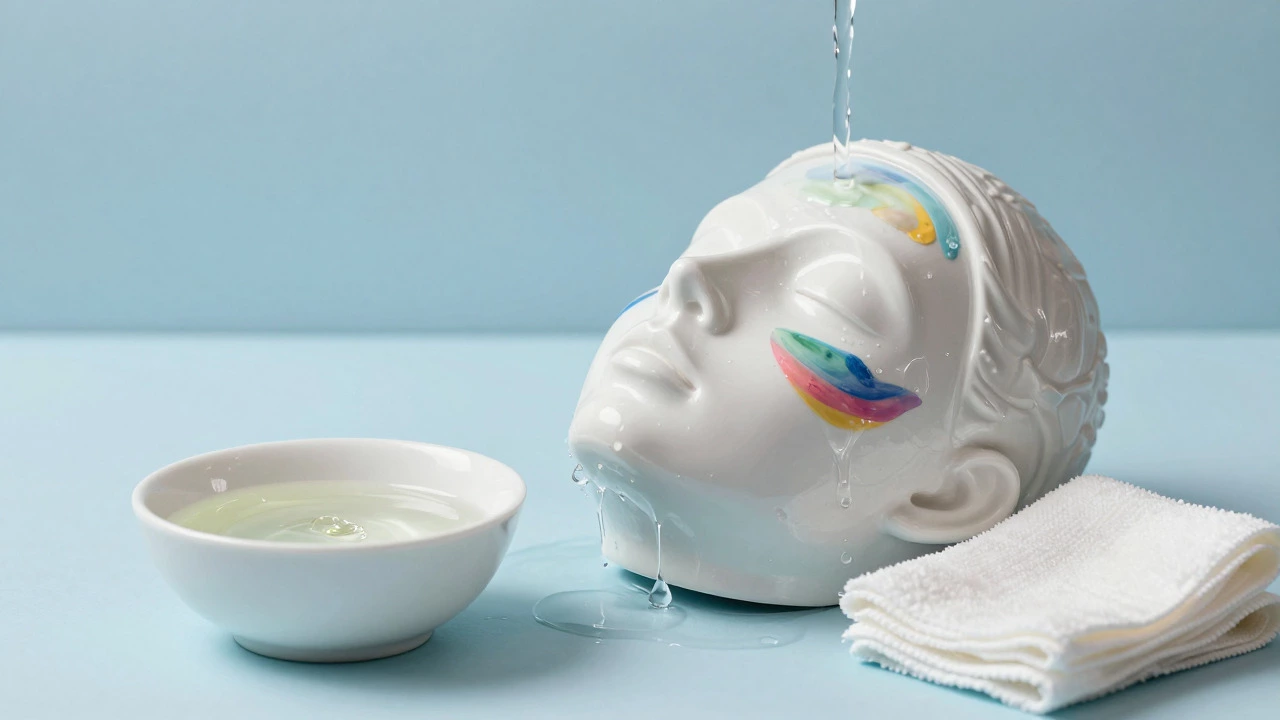 Conceptual image showing water rinsing makeup off a face model during double cleansing