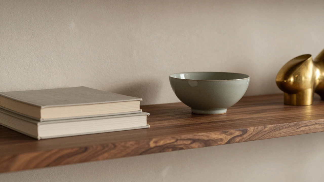 Curated shelf displaying books, a ceramic bowl, and a brass sculpture