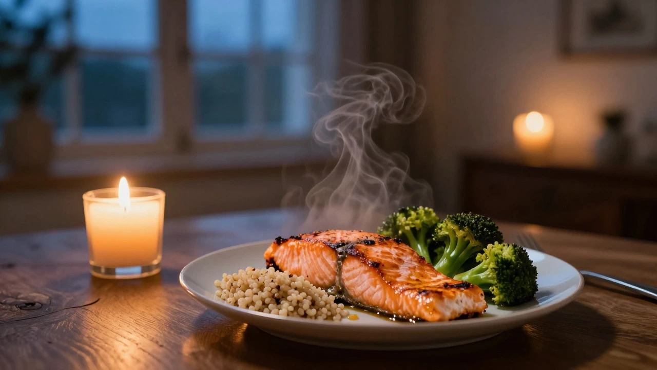 Dinner plate with baked salmon, roasted broccoli, and quinoa