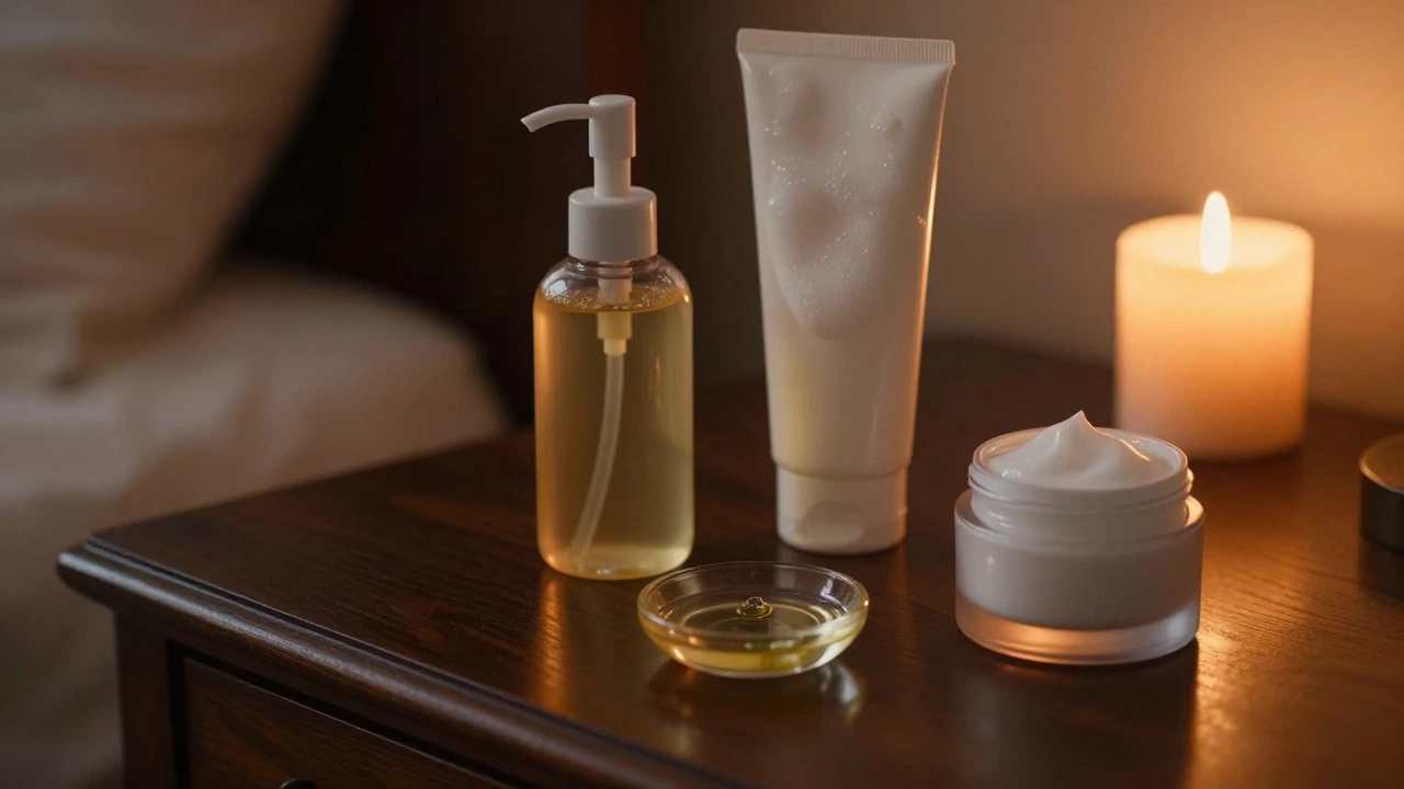 Evening skincare items including cleansers and retinol on a nightstand