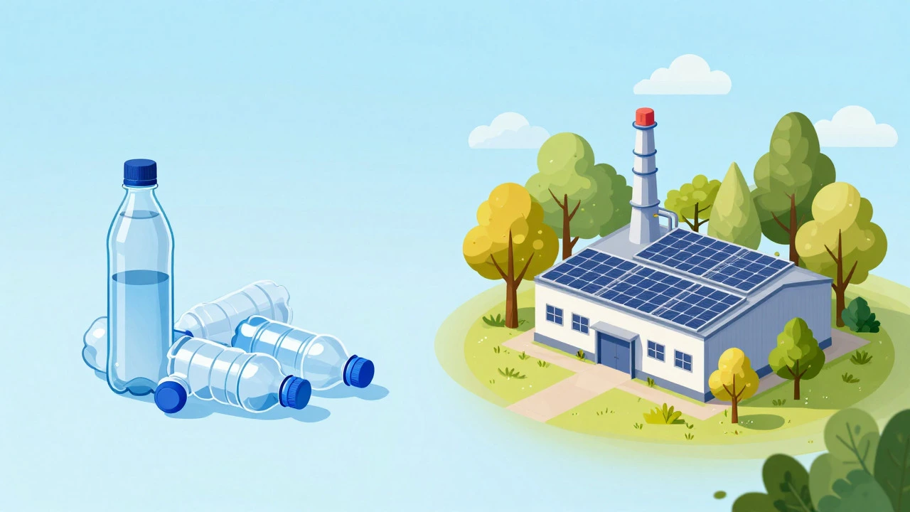 Illustration comparing a reusable bottle with a solar-powered factory landscape