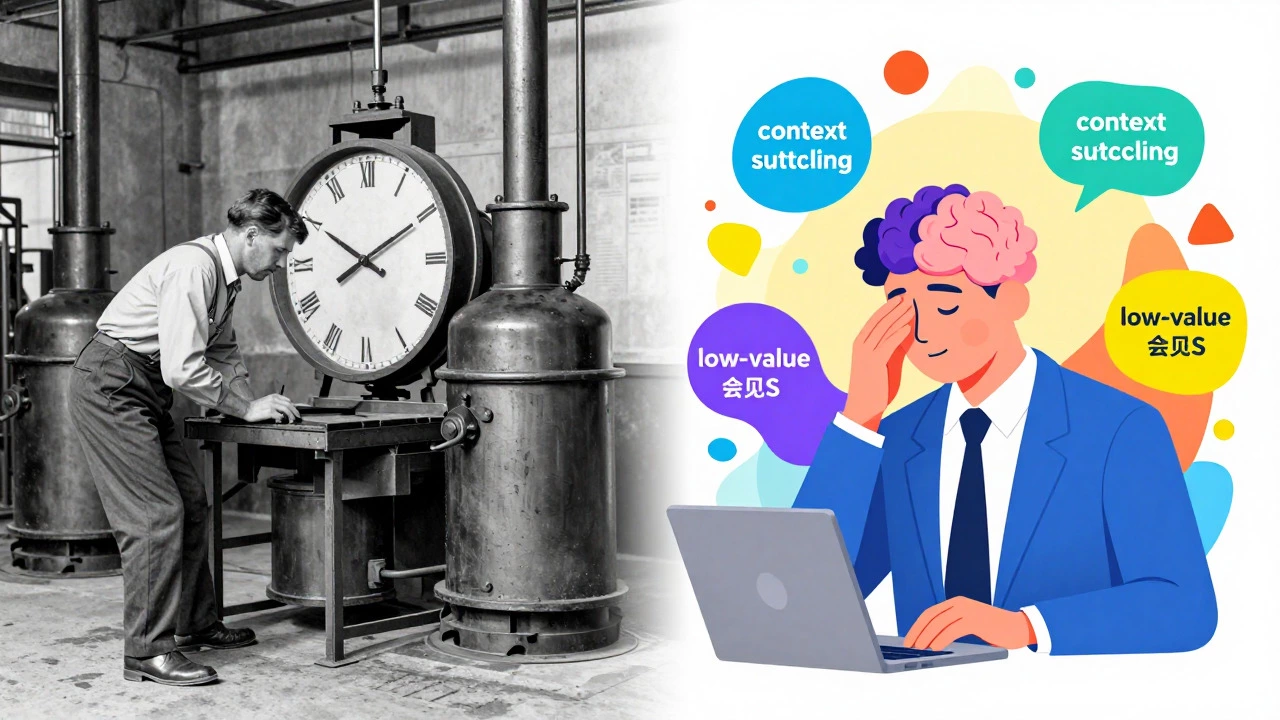 Illustration comparing historical labor with modern cognitive fatigue