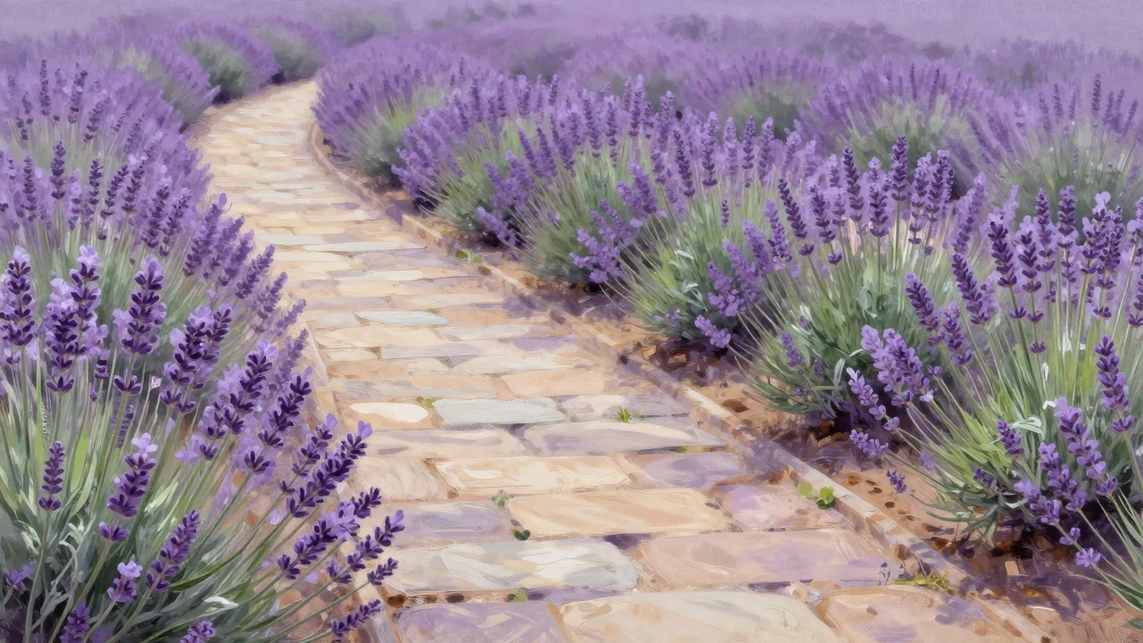 Lavender bushes planted in groups of three along a winding garden path.