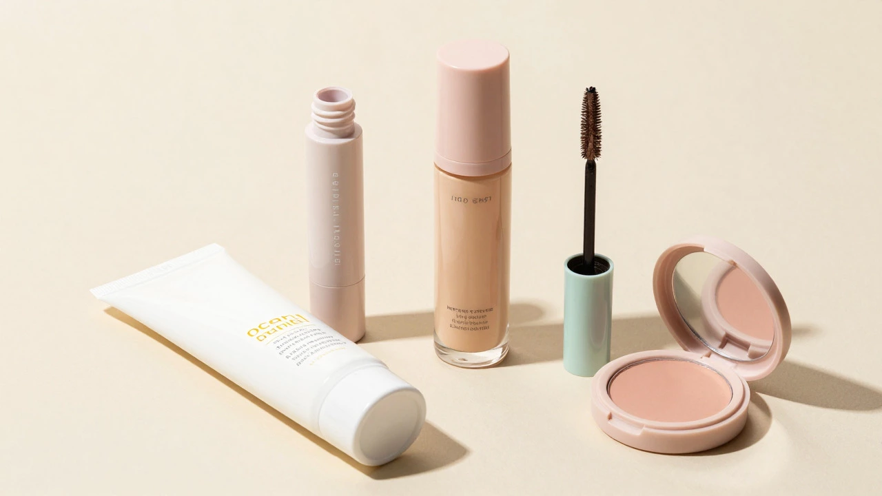 Minimalist arrangement of recommended makeup essentials including sunscreen and tinted moisturizer