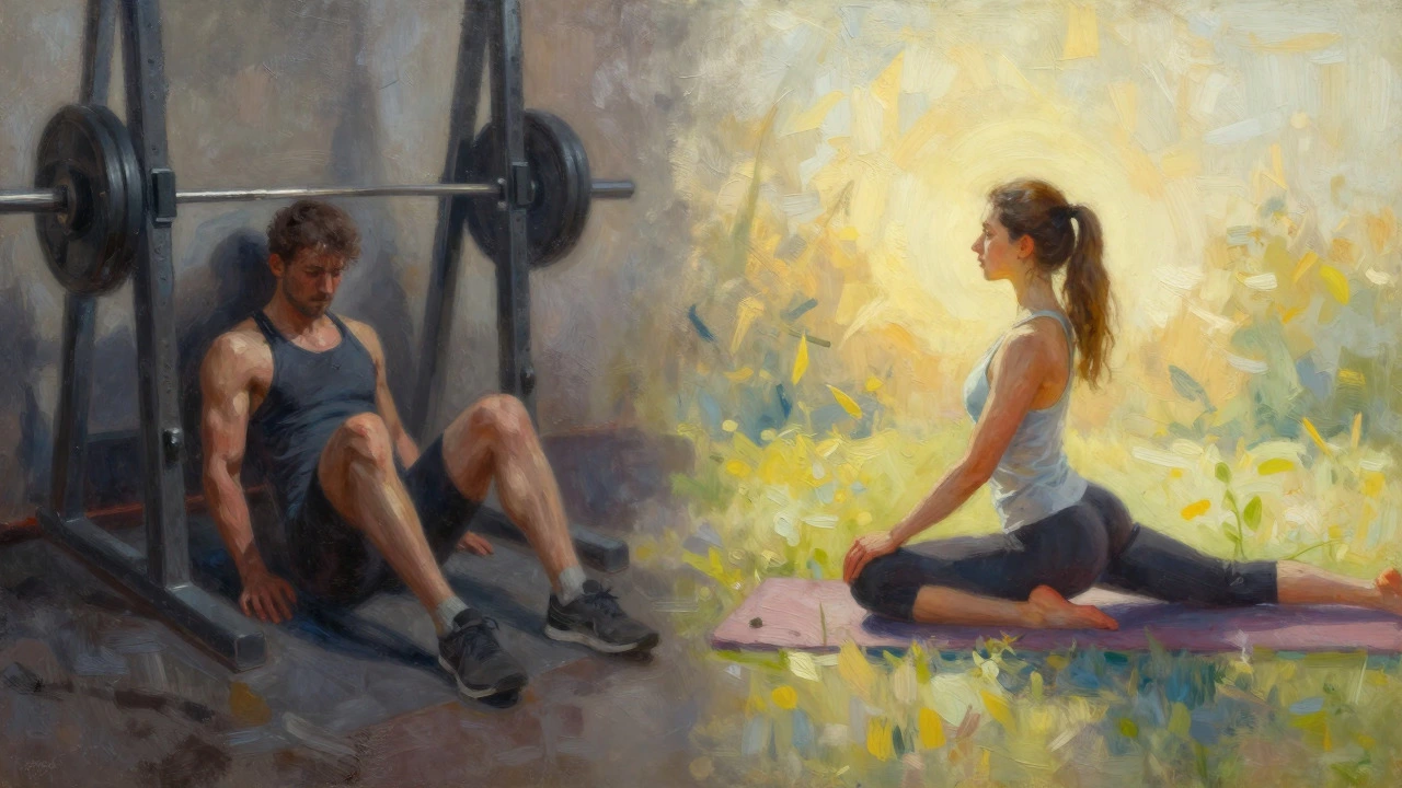 Painterly contrast between chaotic overtraining fatigue and calm recovery stretching