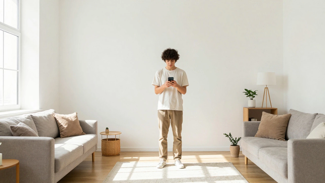 Person checking phone in a tidy minimalist living room
