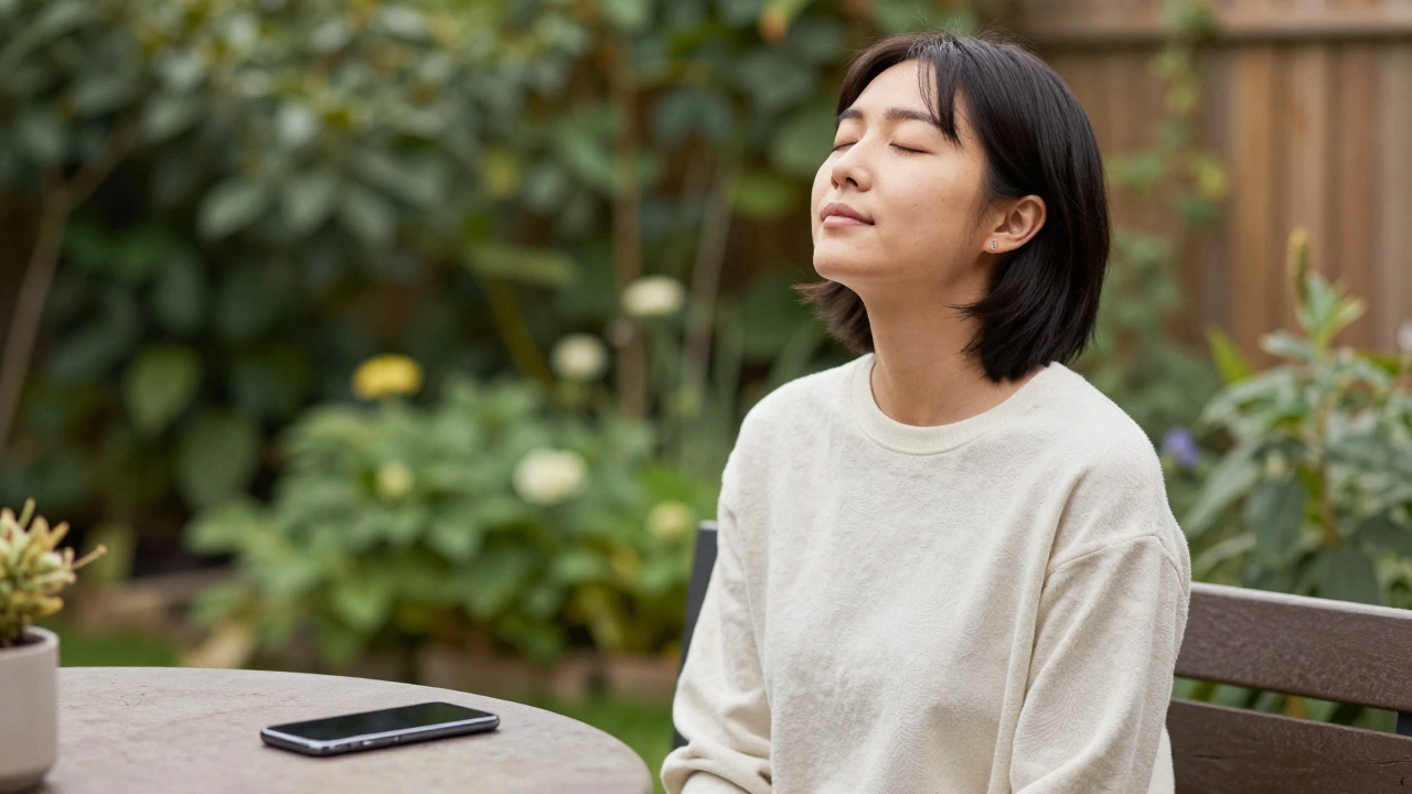 Person relaxing in garden, phone away, enjoying digital detox