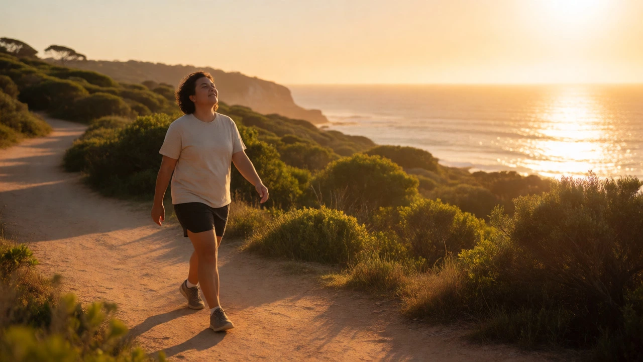 Person walking on sunny coastal path enjoying nature and fresh air