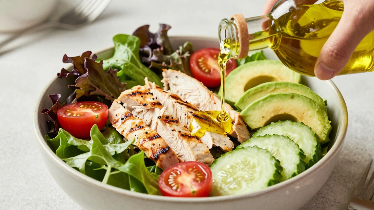 Salad bowl with grilled chicken, avocado, and mixed greens