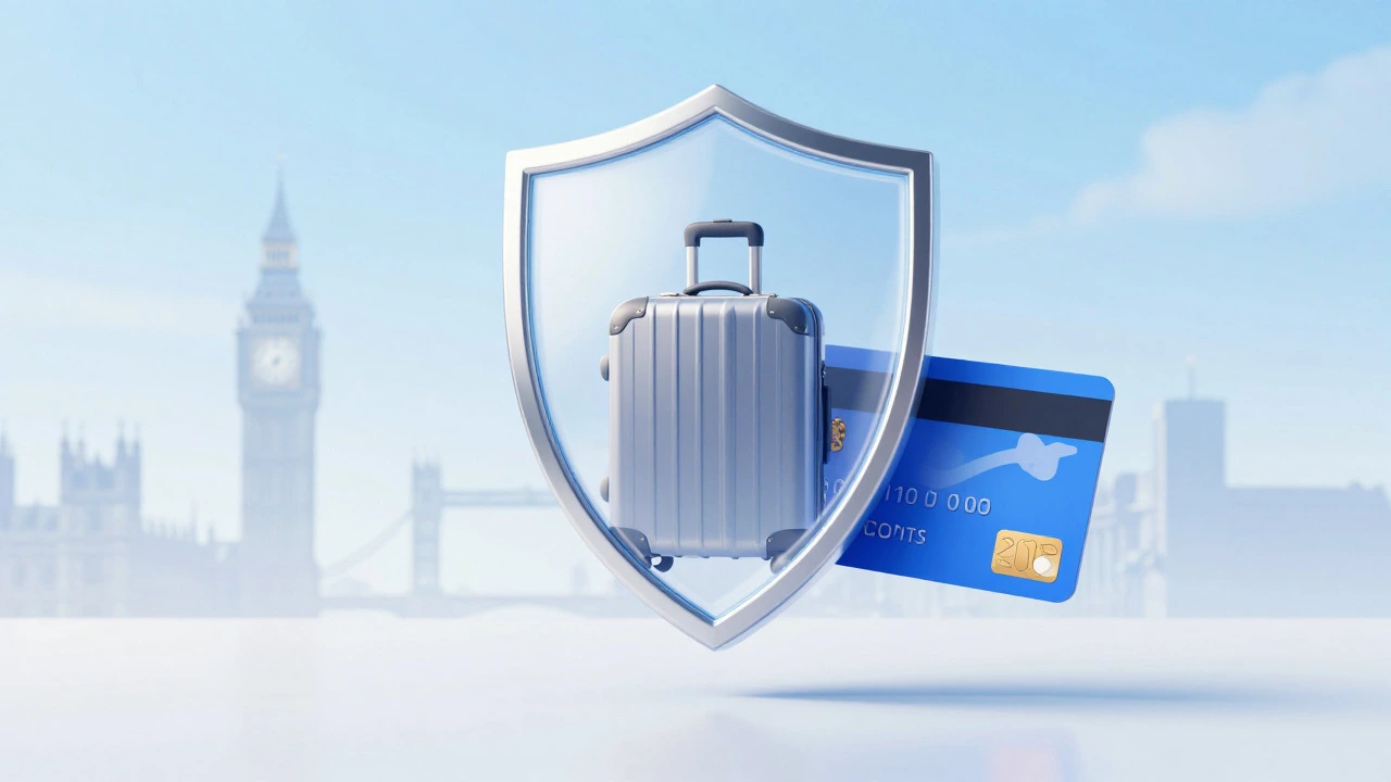 Shield protecting luggage and cards symbolizing travel insurance