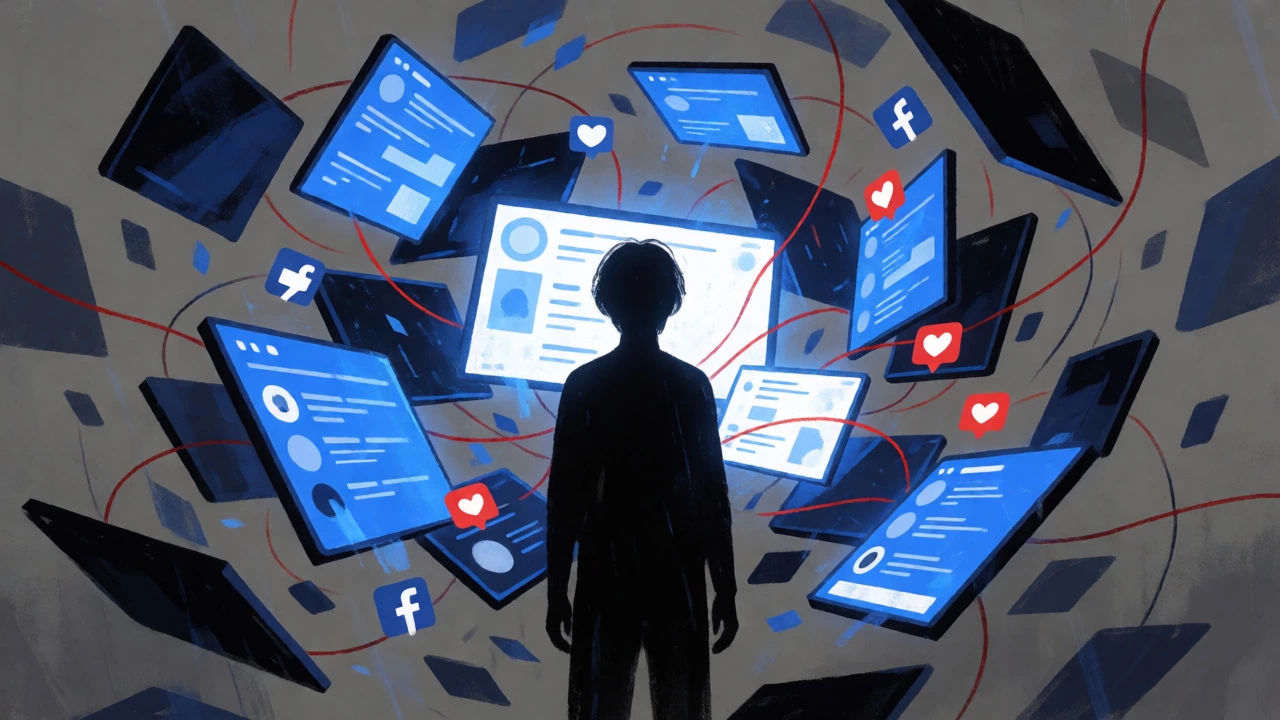 Silhouette overwhelmed by swirling digital screens and blue light