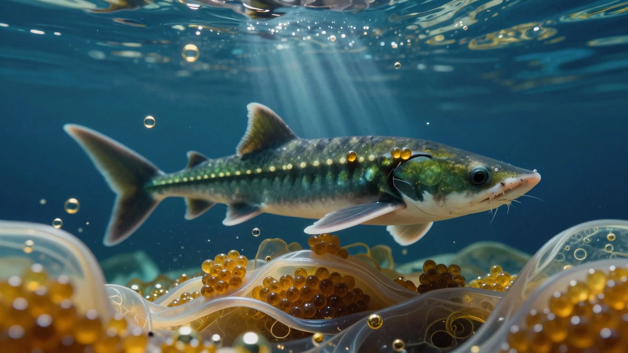 Sturgeon fish and golden bubbles symbolizing caviar extract ingredients