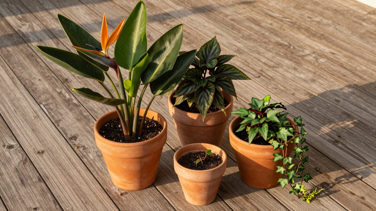 Three potted plants arranged on a wooden deck showing thriller, filler, spiller.