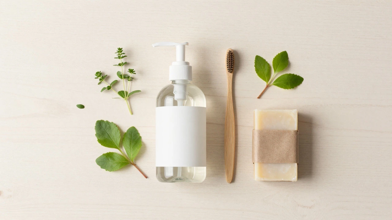 Top-down view of plant-based cleaning supplies and bamboo items on a wooden table