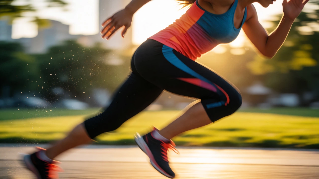 Athlete performing intense HIIT workout outdoors at sunset