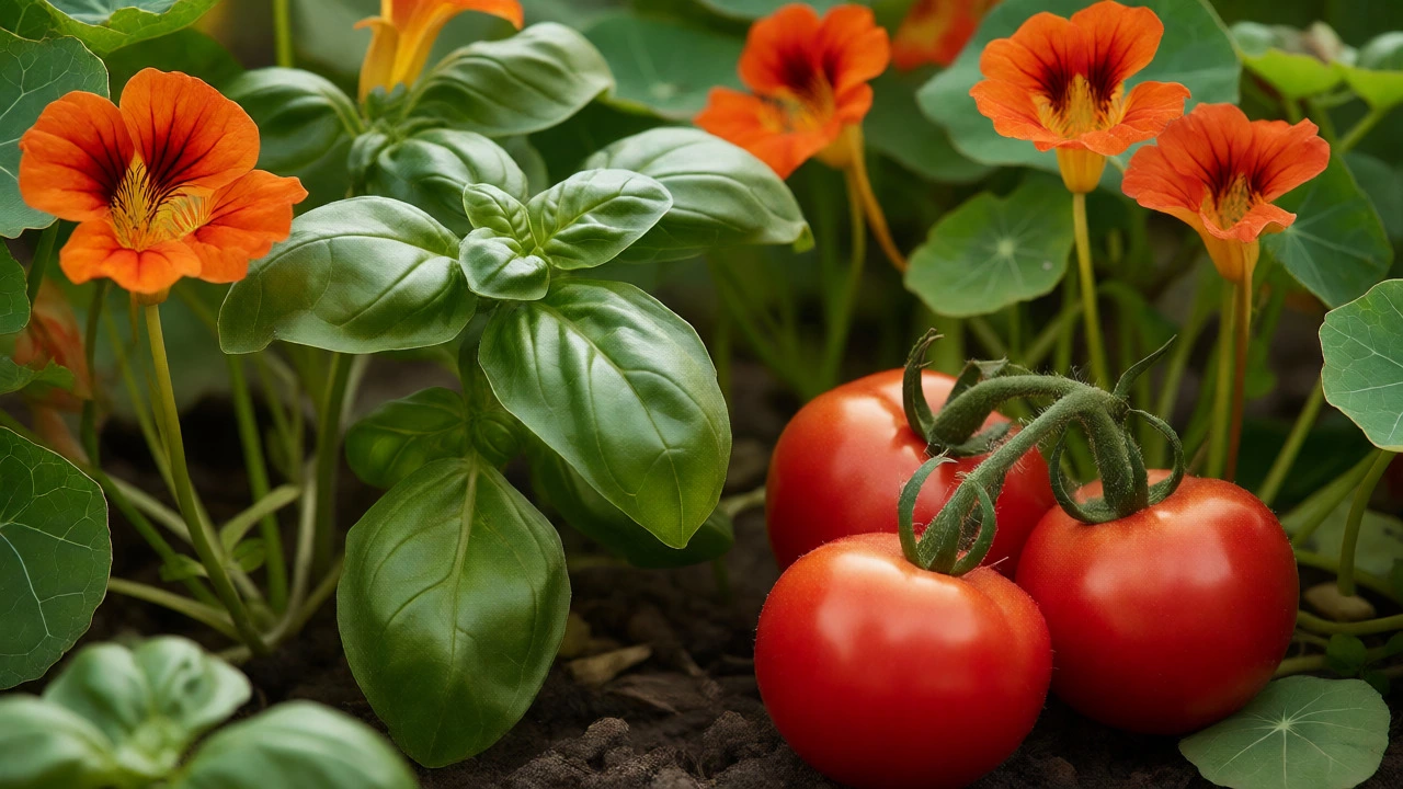 Basil growing next to tomatoes with orange nasturtiums nearby