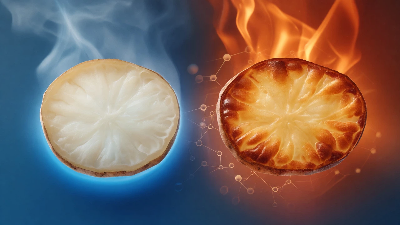 Conceptual diagram contrasting steam-trapped unsoaked potatoes with browned, soaked potato slices.