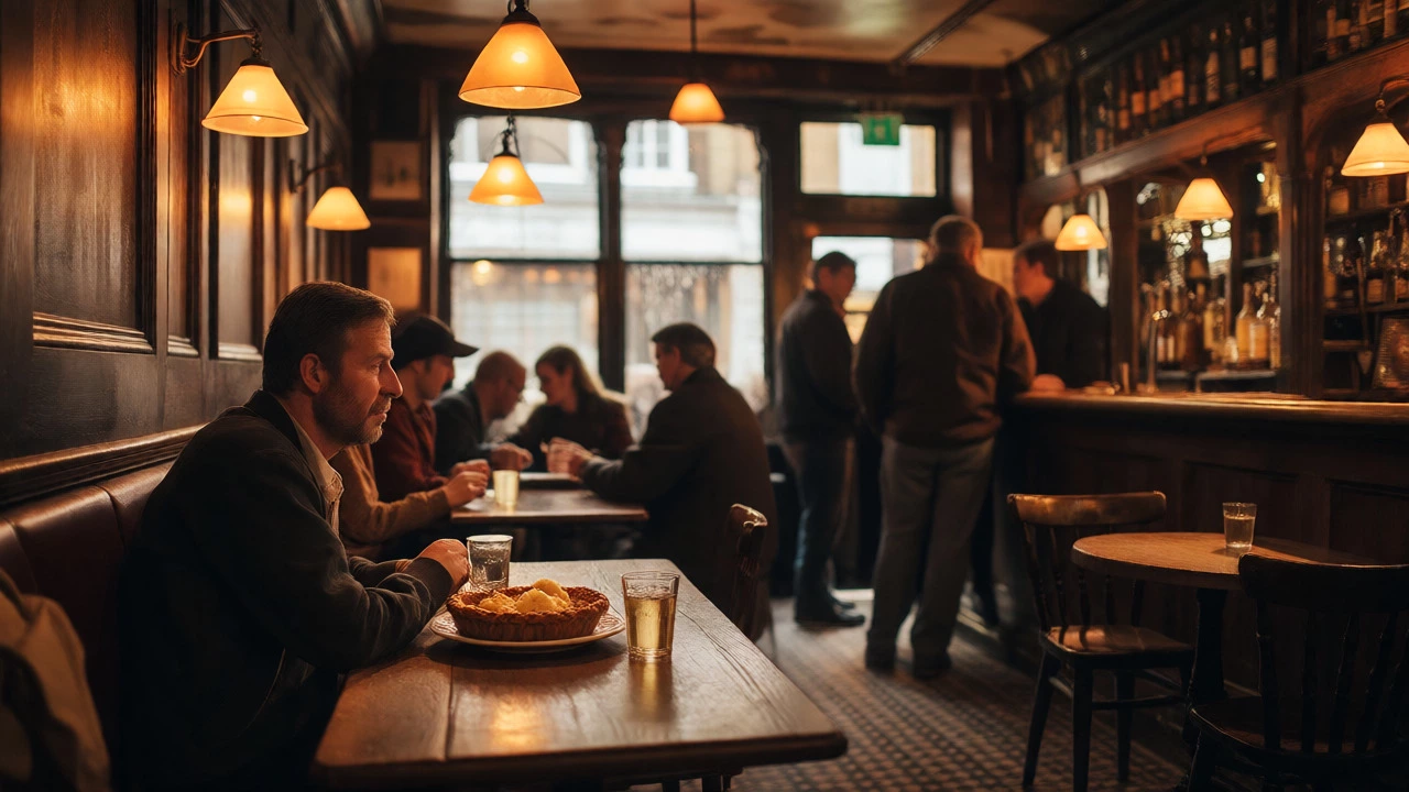 Cozy interior of a traditional London pub with a diner eating pie
