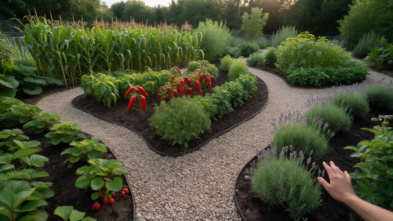 Curved gravel paths winding through layered vegetable plants