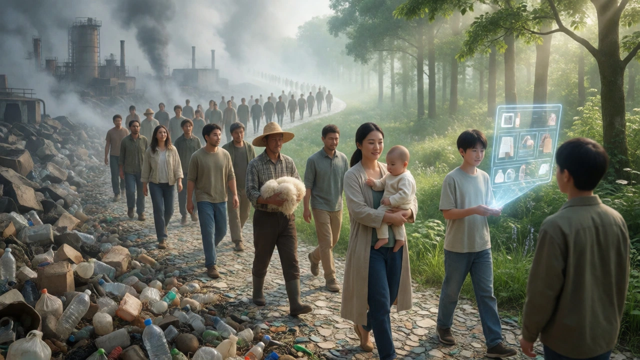 Diverse consumers transitioning from industrial waste to a sustainable green lifestyle.
