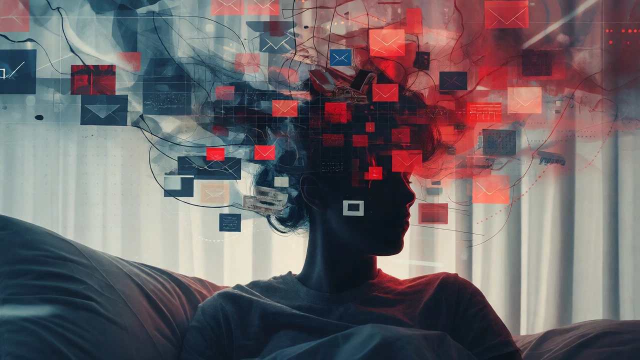 Double exposure of person in bed with chaotic work thoughts swirling above