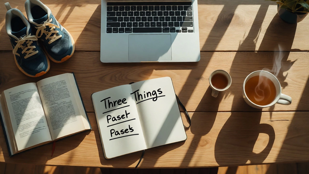 Flat lay of closed laptop, notebook, and leisure items on a sunny desk.