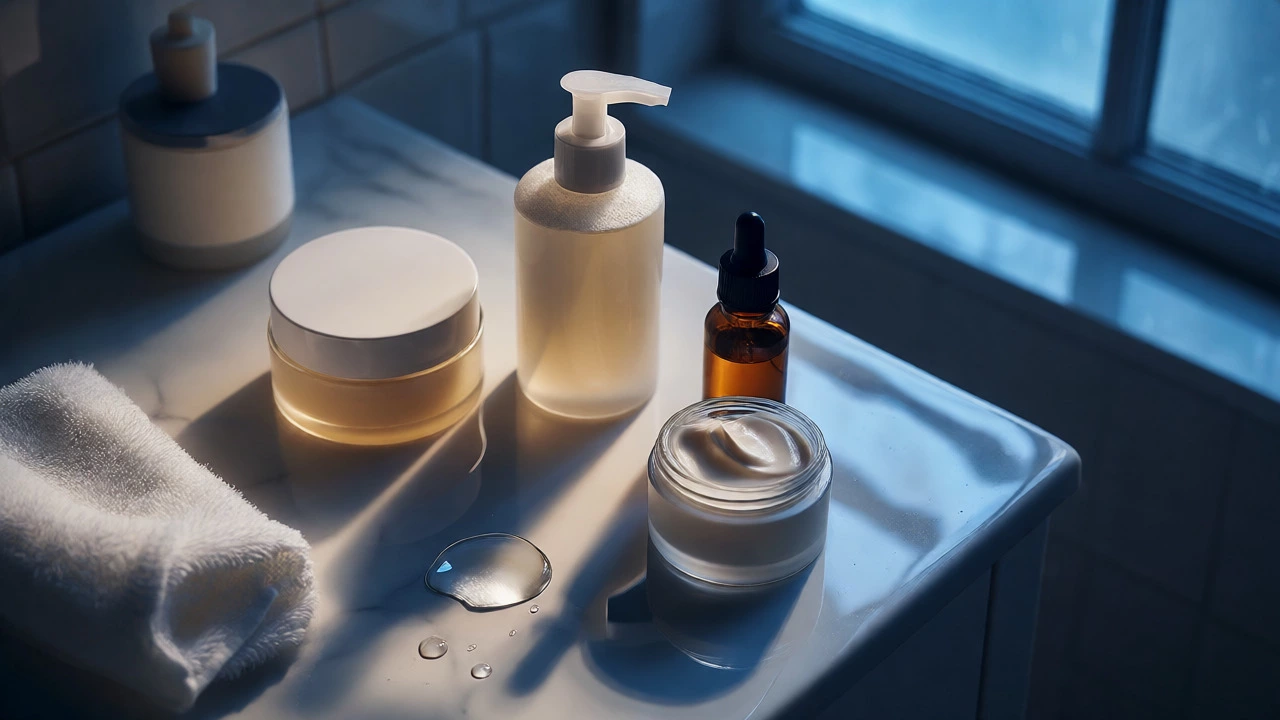 Flat lay of night skincare products including cleanser and serums