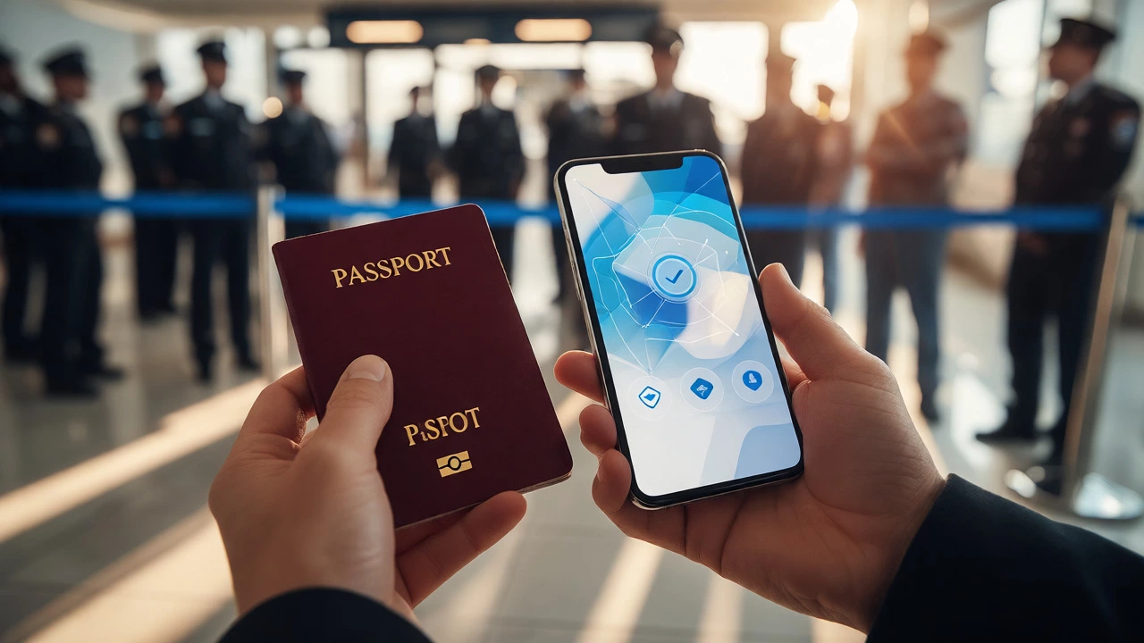 Passport and smartphone showing ETA approval at border control