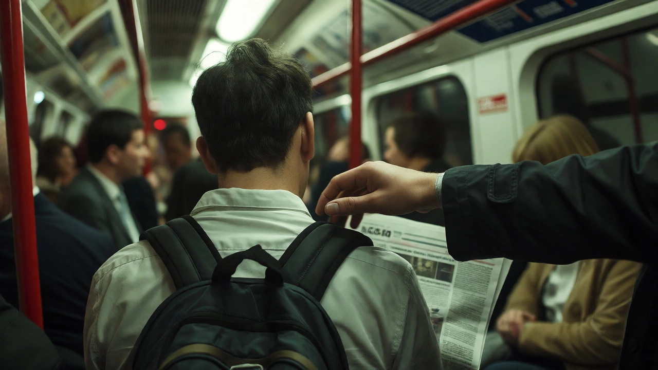 Pickpocket stealing from backpack in crowded London Tube