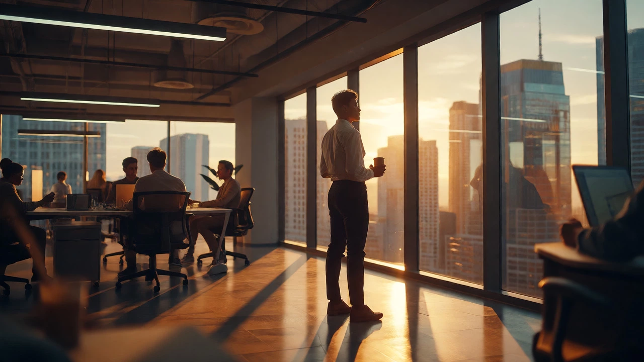 Professional calmly looking out a window, embodying mindful response.