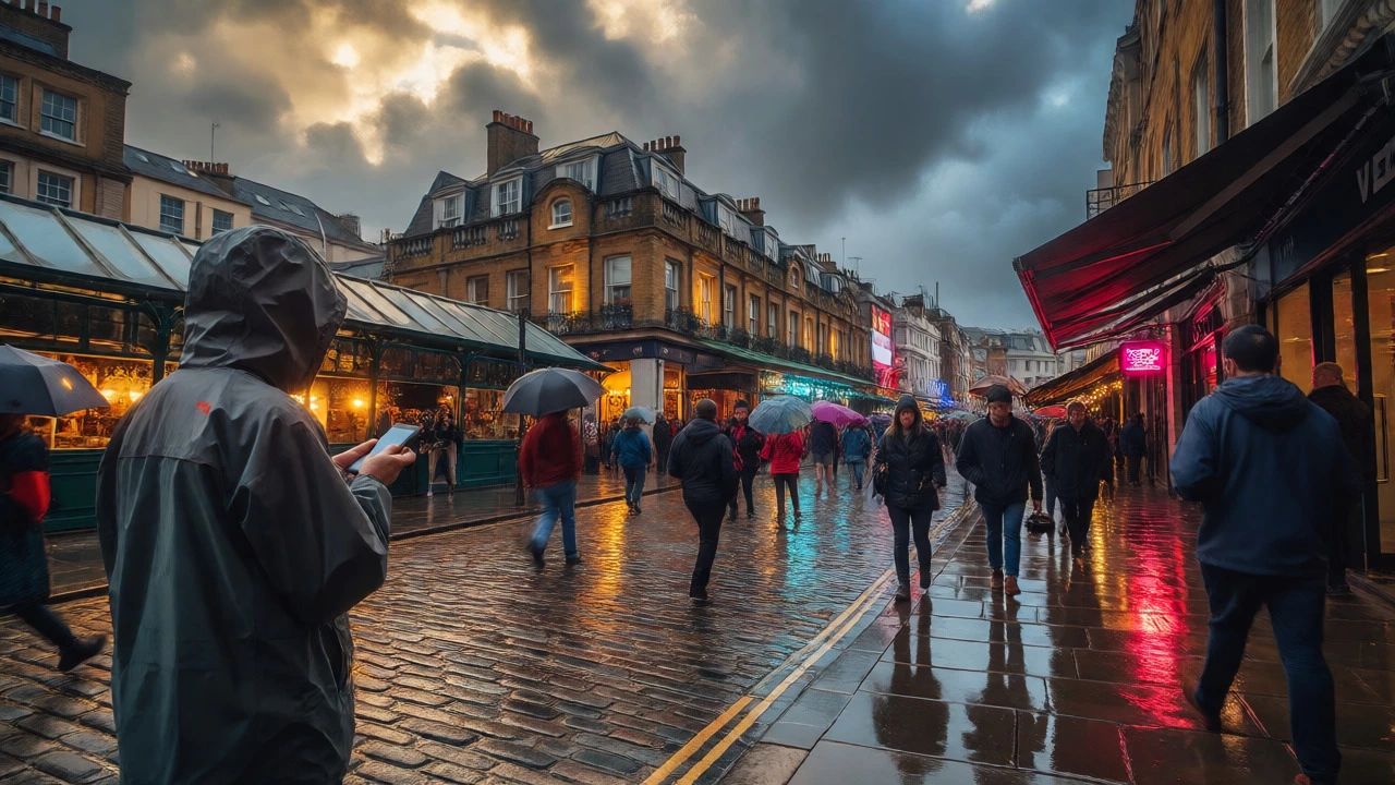 Rainy day in Covent Garden with wet cobblestones and pedestrians