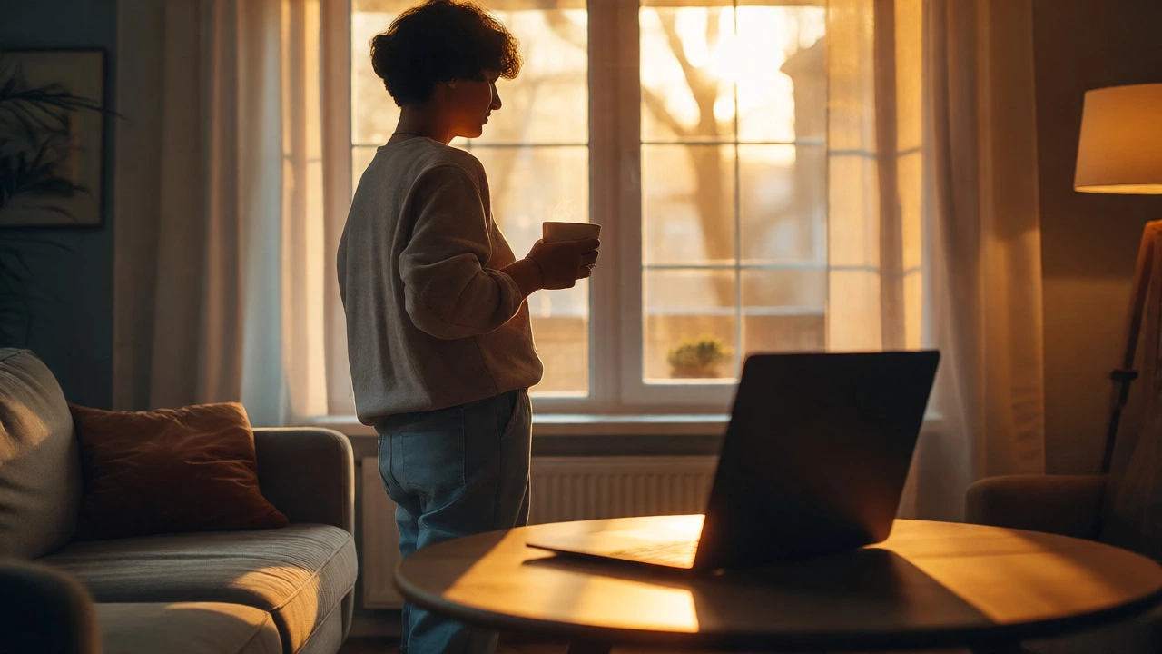 Relaxed person drinking tea by window after closing laptop for evening