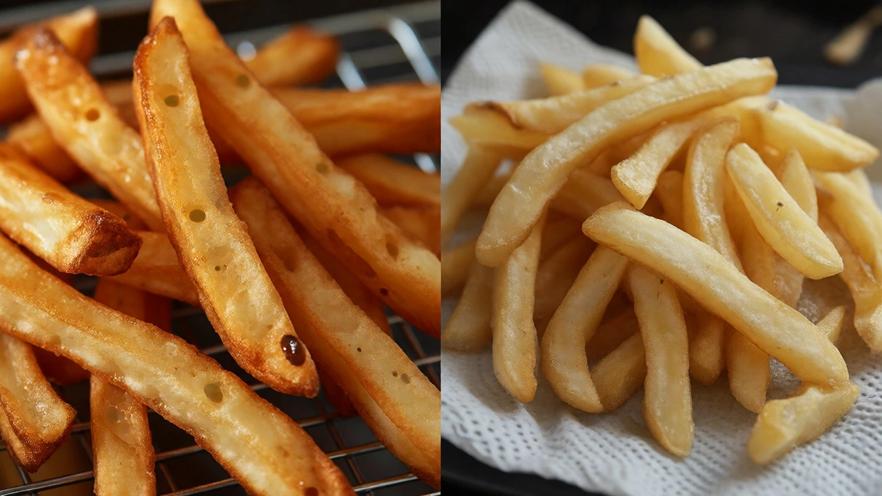Side-by-side comparison of crispy golden french fries versus soggy, pale unsoaked fries.