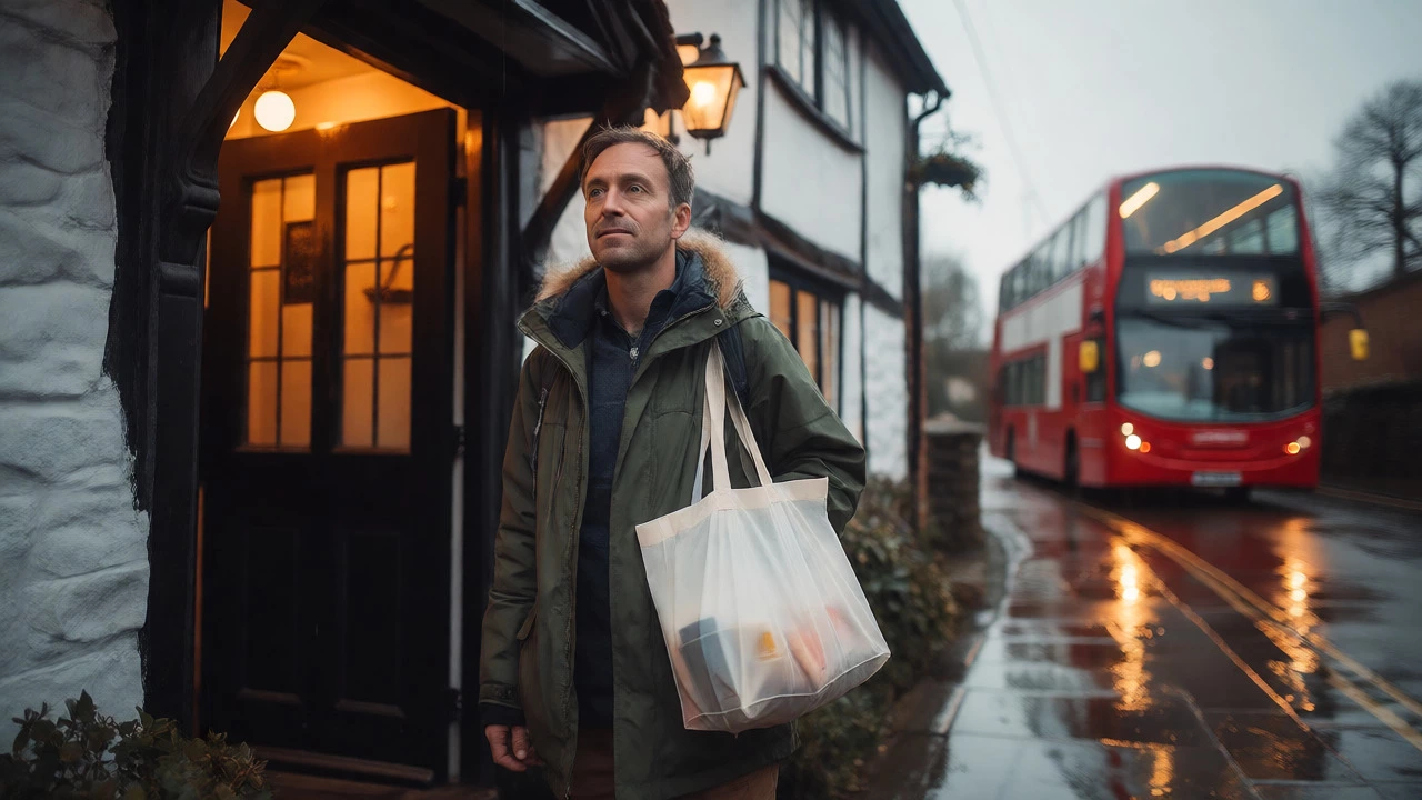 Traveler in raincoat outside British pub with wet streets