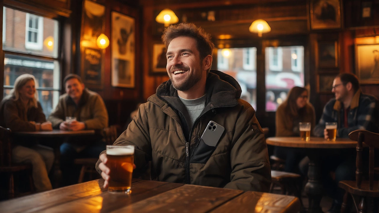 Traveler safely storing phone in pub while enjoying drink