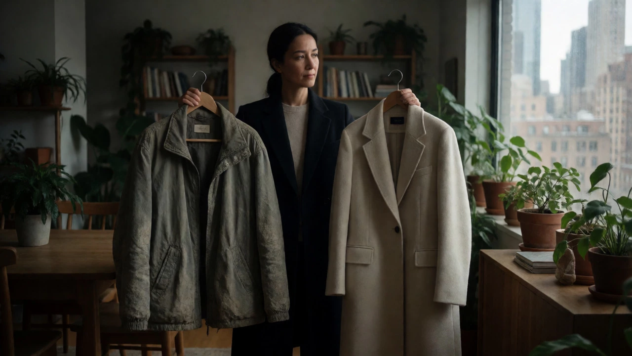 Urban professional deciding between a worn synthetic jacket and a sustainable wool coat.