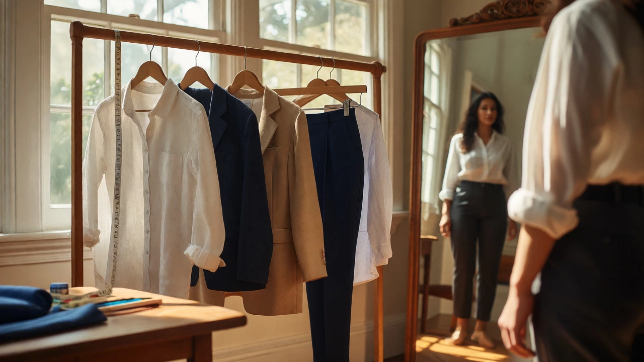 A capsule wardrobe with tailored garments and tailoring tools in a sunlit room.